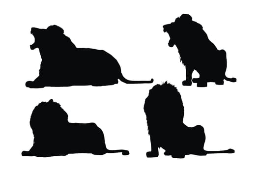 Dangerous lion sitting silhouette set on a white background. Wild Lions silhouette bundle design. Carnivore big cats sitting and roaring in different positions. Lion full body silhouette collection.