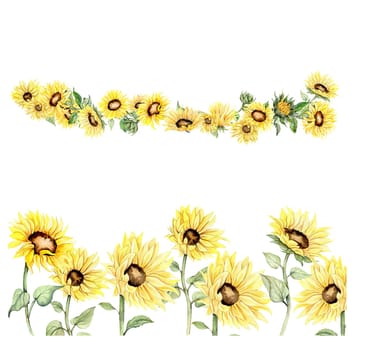 Watercolor horizontal seamless background with sunflowers set. Butterflies in cartoon style. Hand drawn illustration of summer.Perfect for scrapbooking, kids design,wedding invitation,greetings cards.