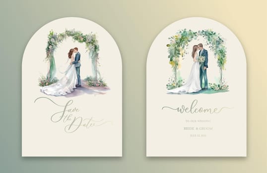 Wedding Arch Invitation with calligraphy and watercolor bride and groom. Abstract art background vector design for wedding and vip cover template.