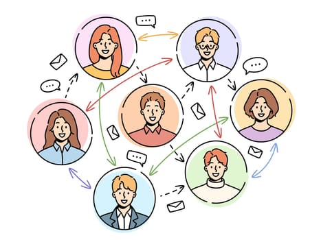 Smiling men and women communicate chat on social network. Various people communication on internet. Messaging and texting online on web. Vector illustration.
