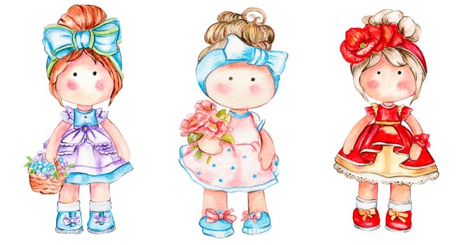 Watercolor hand drawn cute doll Tilda in dress set. Hand drawn illustration isolated on white. Designf for baby shower party, birthday, cake, holiday celebration design, greetings card,invitation.