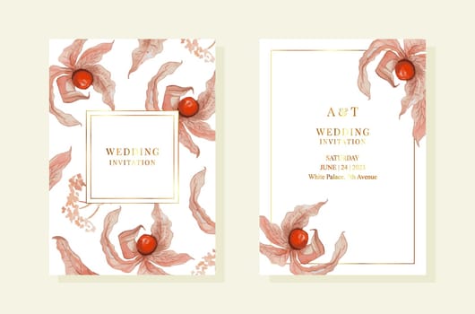 Wedding pemplates with watercolor physalis. Gold frames