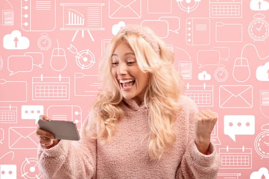 Thrilled young blonde woman using smartphone, looking for solution online