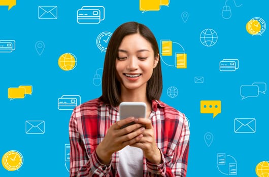 Smiling asian woman with phone over diverse digital world icons