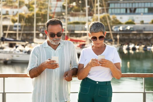 Senior Tourists Couple Using Cellphones Booking Sea Cruise At Marina