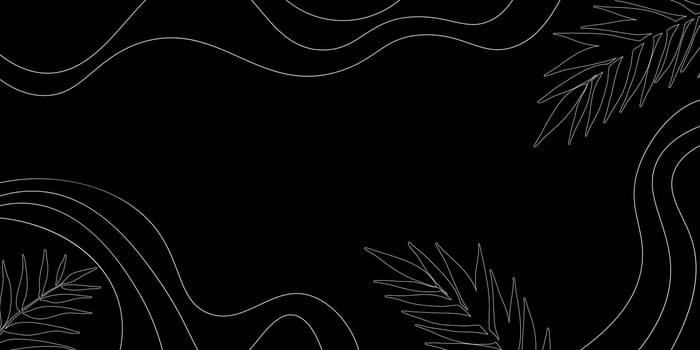 Abstract black background with lines and palm leaves.
