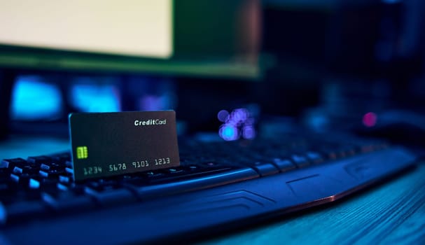 Computer hacking, credit card fraud and financial theft via ransomware, fintech breach or software virus. Password phishing, neon cyber security or banking privacy risk from scam, ransomware or crime