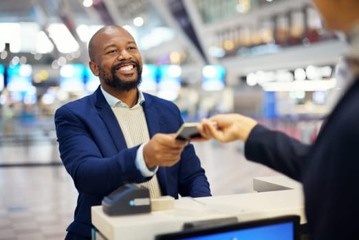Black man, giving passport and airport for travel, security and identity for global transportation service. African businessman, documents and concierge for immigration with international transport
