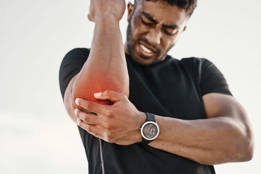 Elbow injury, fitness and man with pain while training, sports emergency and accident during workout. Cramp, inflammation and athlete with broken bone, painful joint and bruise during outdoor cardio