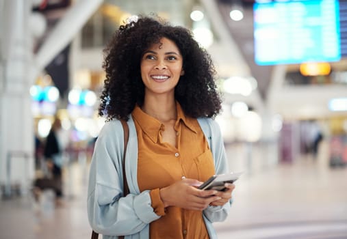 Black woman at airport, travel and passport with smile, ready for holiday, plane ticket and boarding pass. Freedom, immigration and flight with transportation, vacation mindset at terminal