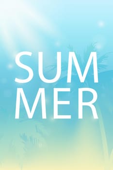Summer background in blue color with sun glare and palm trees. The inscription summer on a blue background. Vector
