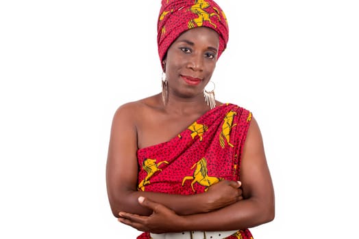 Portrait beautiful African woman in traditional turban, head and body wrapping, African fashionable