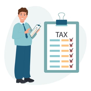 Tax declaration illustration. Character male preparing documents for tax calculation, making income tax return and calculating business invoices.