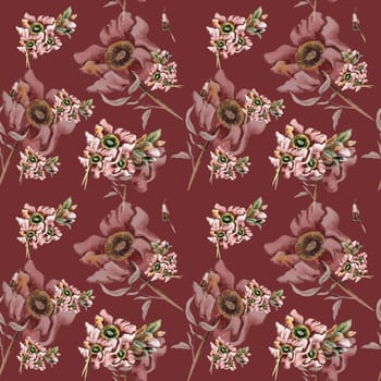 Fall harvest flower seamless pattern. Watercolor fall flowers, leaves and berries . Thanksgiving print.Background with beautiful fall flowers. Applicable for textiles, fabric, decor.