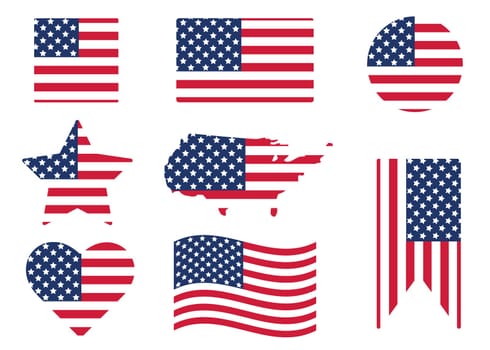 Various American flags set isolated on white background. Flags and different shapes labels. Patriotic USA symbols vector illustration.