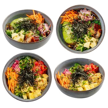 Assorted hawaiian poke bowl dishes collage