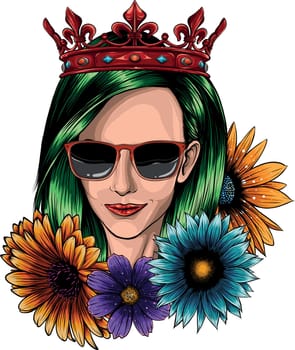 Beautiful girl in the crown and sunglasses. Vector illustration