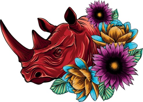 vector illustration of Rhinoceros and flowers design
