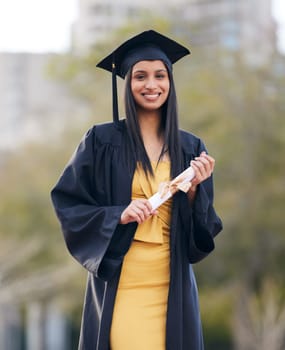 Education, graduation and portrait of woman at college for future, scholarship and achievement. Certificate, university and success with female student for school, diploma and graduate celebration.