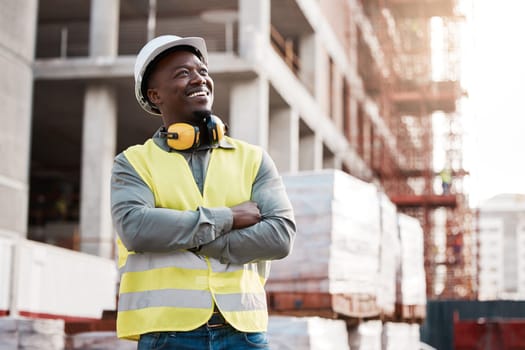 Engineer, black man and thinking at construction site building with a smile for development or progress. Happy African contractor outdoor for project management, inspection and architecture idea