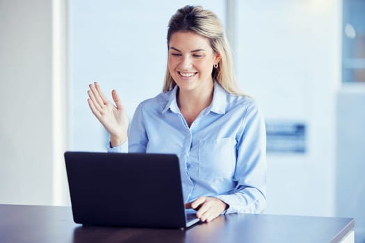 Business, woman and laptop for video call, connection and webinar with employee, happiness and greeting. Female entrepreneur, lady and manager with device, online conference and smile in workplace