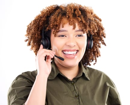 Call center, telemarketing or black woman laughing in communication isolated on white background. Customer services, funny or happy sales agent with microphone helping at technical support in studio