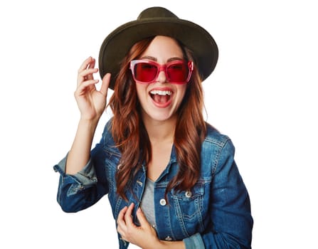 Stylish woman, fashion and sunglasses with hat, smile or excited face against white studio background. Portrait of a isolated fashionable female smiling in happiness for summer style with glasses
