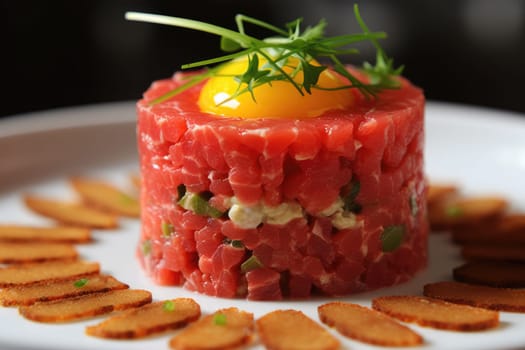 Beef steak tartare with greenery and vegetables. AI Generated