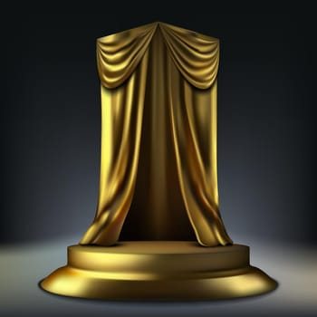 Golden Product Podium Display With Fabric Curtain
