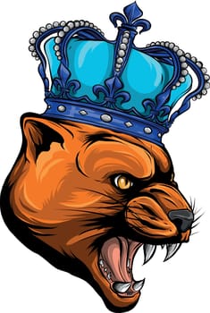 Vector portrait of an angry, grinning Puma, wild cat with a golden crown on his head