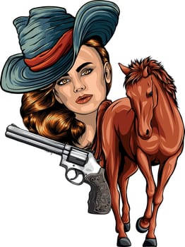 cowgirl woman wearing cowboy hat and with wild mustang horse head vector