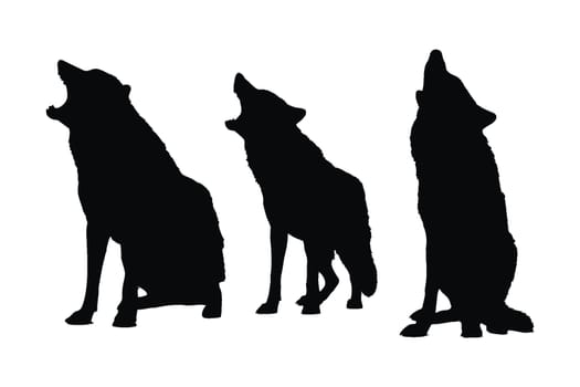 Carnivore wolves silhouette bundle. Dangerous wild animals like wolf, silhouettes on a white background. Wolf full body silhouette collection. Wild wolves sitting and howling in different positions.