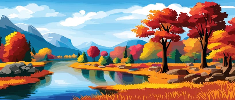 Autumn landscape with trees, mountains, fields, leaves. Rural landscape. Autumn background. Vector illustration
