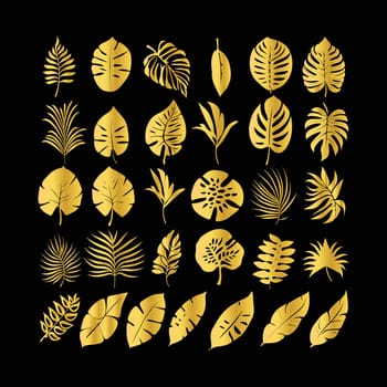 Set gold tropical leaf isolated. Vector illustration.