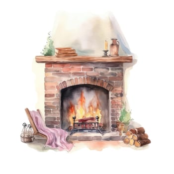 Cute watercolor fireplace. Us for postcard, card, invitation and christmas decoration.