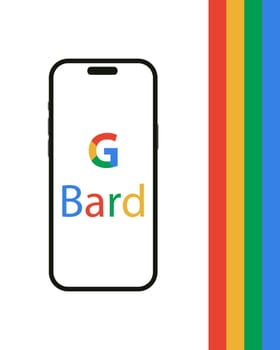 Kyiv, Ukraine - 03 June 2022: G Bard logo on Iphone 14 screen - vector illustration. Bard is a conversational generative artificial intelligence chatbot developed by Google on a smartphone and PC.