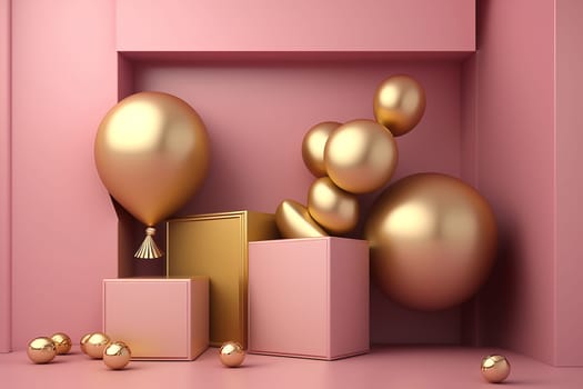 pink geometric background with pink boxes and golden balloons.