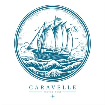 Caravelle on the water Logo vintage emblem. Old retro vector illustration marine navy icon.