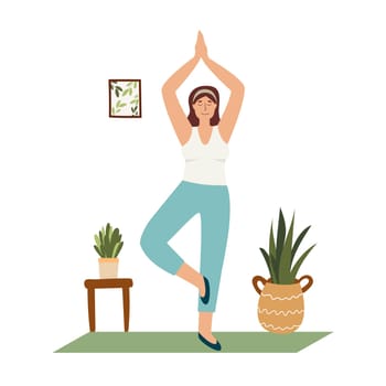 Woman doing yoga, being asana, practicing meditation. White woman character in home interior. Vector illustration