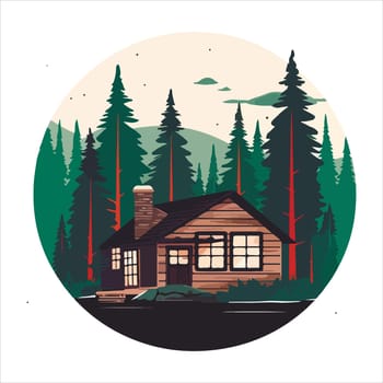 Wood cabin logo template. Cabin in the woods vector illustration. Cabin rentals logo. Chalet in the forest sticker
