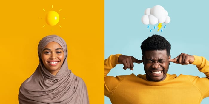 Muslim Woman And Black Man Expressing Different Emotions Over Colorful Backgrounds