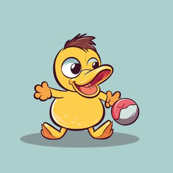 Funny little yellow duckling palying soccer ball