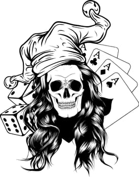 monochrome skull with joker hat and casino game