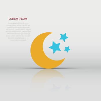 Nighttime moon and stars vector icon in flat style. Lunar night illustration on white isolated background. Moon business concept.