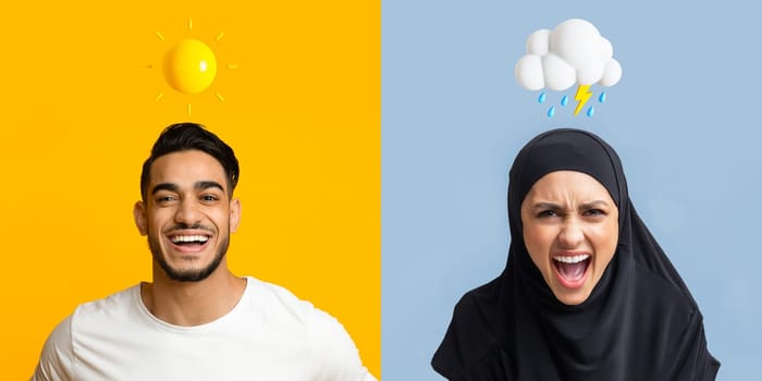 Arab Man And Muslim Woman Expressing Different Emotions Over Colorful Backgrounds
