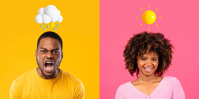 Emotional Turbulence. Angry Black Man And Happy Woman Posing Over Colorful Backgrounds,