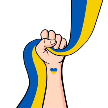 Save Ukraine demonstration, Stop War peaceful protest poster. Human arm fist with Ukrainian flag. Background vector illustration with copy space