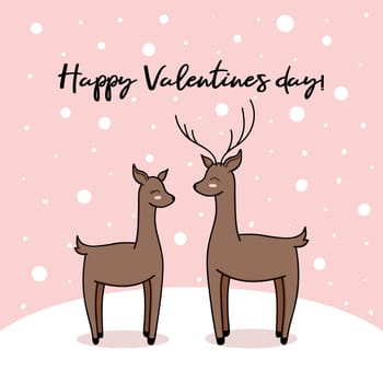 Valentines day card doodle style vector illustration. Cute forest deer couple in snow