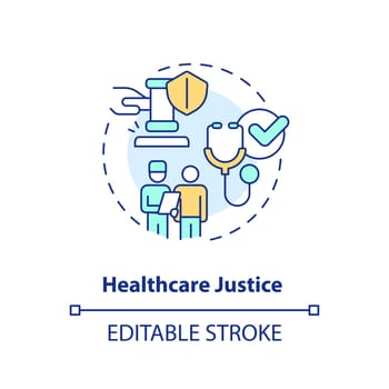 Healthcare justice concept icon. Medical service access. Social justice example abstract idea thin line illustration. Isolated outline drawing. Editable stroke. Arial, Myriad Pro-Bold fonts used