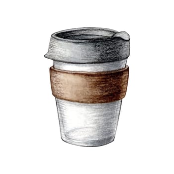 Watercolor illustration zero waste glass coffee cup isolated on white background. Eco-friendly lifestyle drawing. High quality painting